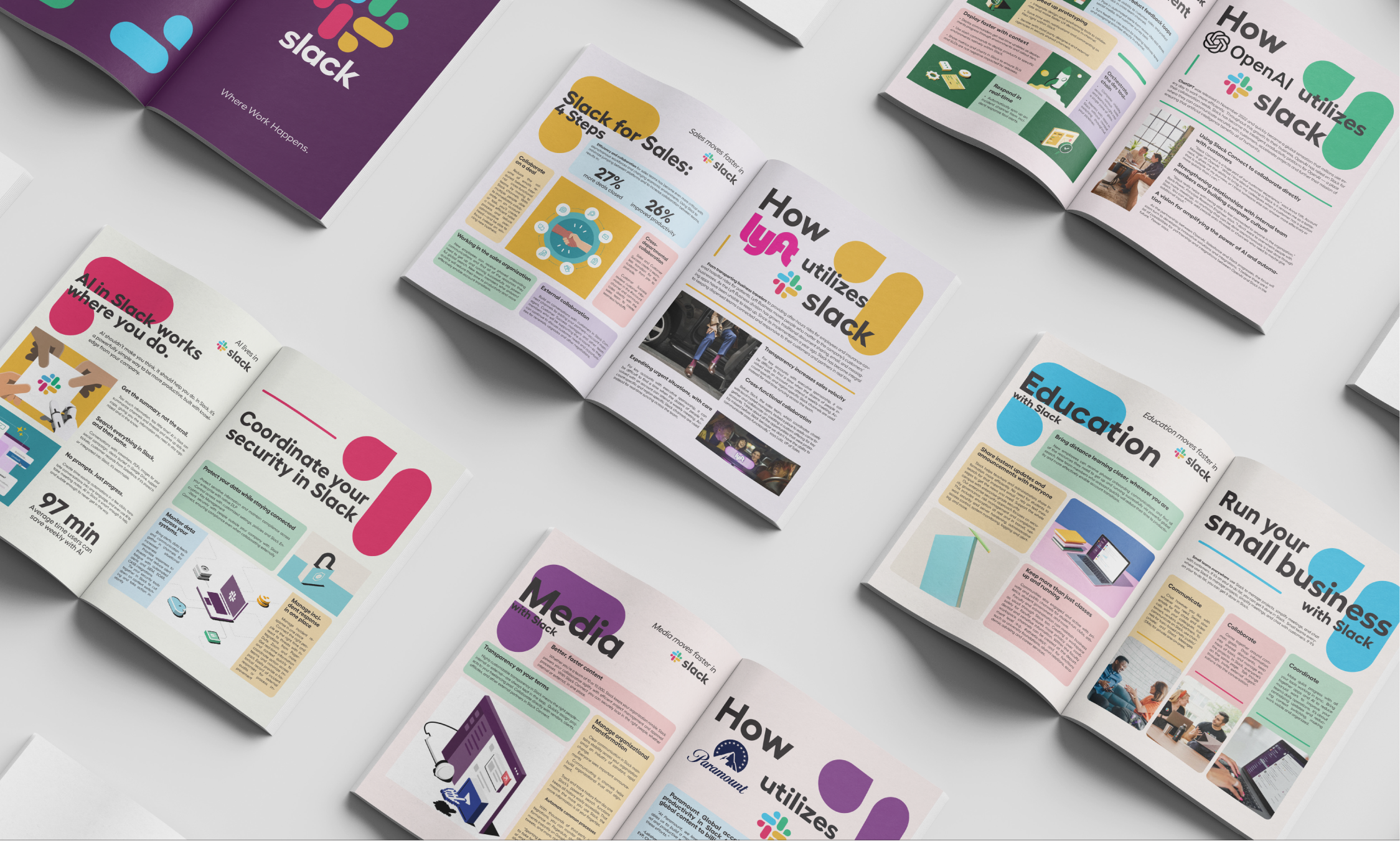 Slack Booklet: open booklet spreads on Slack for sales, education, media and customer stories